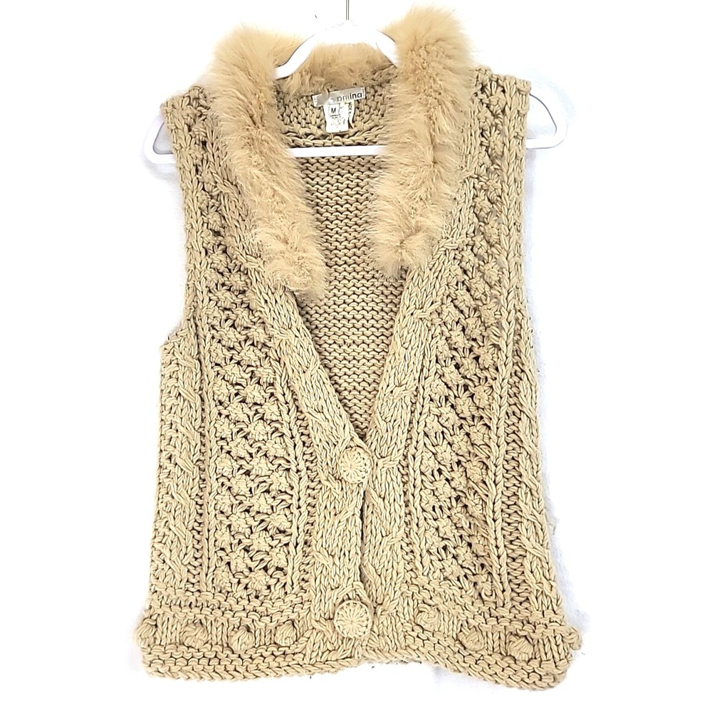 Vintage Crocheted Chunky Knit Vest Faux Fur Collar Pniina Sz M Hipster Festival